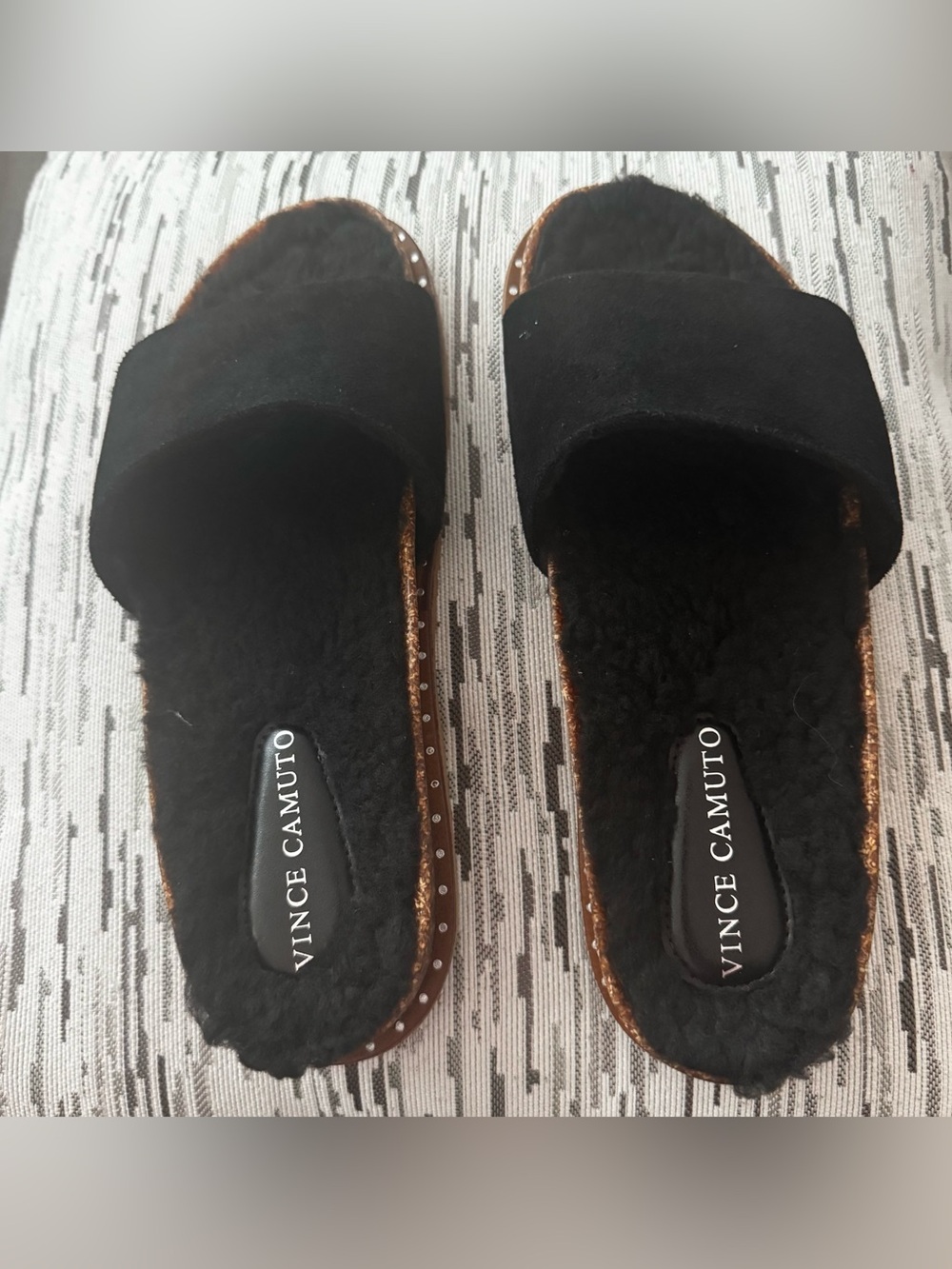 Vince Camuto Black Faux Fur Slide with Brown Trim